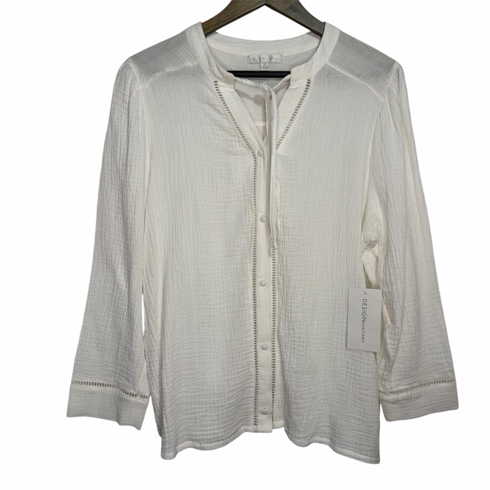 Design History Crinkled Gauze Button Down Long Sleeve Shirt Top White Cotton 1X